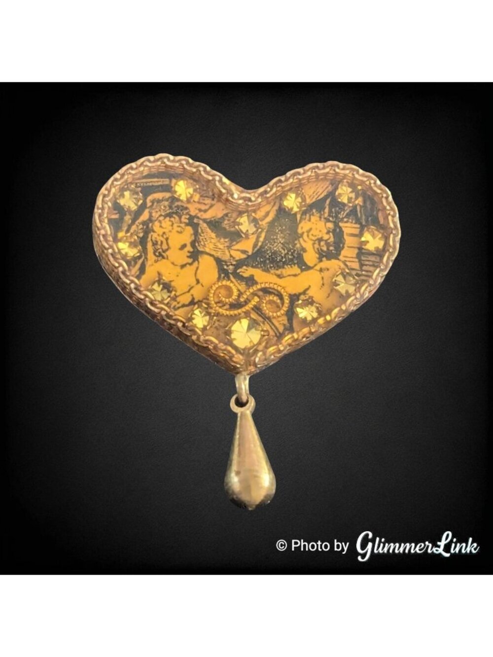 Vintage Maximal Art Cherub Heart Brooch Gold Tone Rhinestone Dangle Pin